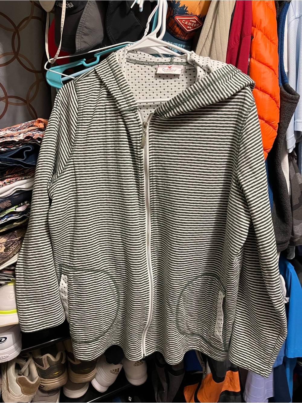 Quacker Factory Green and White Striped Hooded Zip Jacket